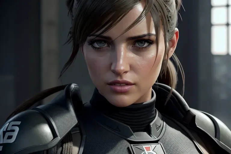 a concept art of,Ana de Armas, confident, in resident evil, in black tactical pants, black military armor, straps, combat boots, five fingers per hand,ponytail,bangs,strong pose,charming face,beautiful lips, deep eyes,curved eyebrows,textured skin,cgsociety,8k,unreal engine,highly detailed,artstation, deviantart, cinematic, sharp image, centered, medium close up, 8k,studio lighting, head in frame, long neck, entire head in frame,hyper-realistic
