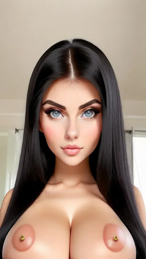 Gorgeous young European woman, photo cute attractive young face, large wide doe eyes, light colored eyes, big bimbo lips, huge gigantic boobs, (gigantic breasts), raven-black hair, sexy, thin, slim waist, tight polo shirt, photorealistic, best quality, ultra high resolution