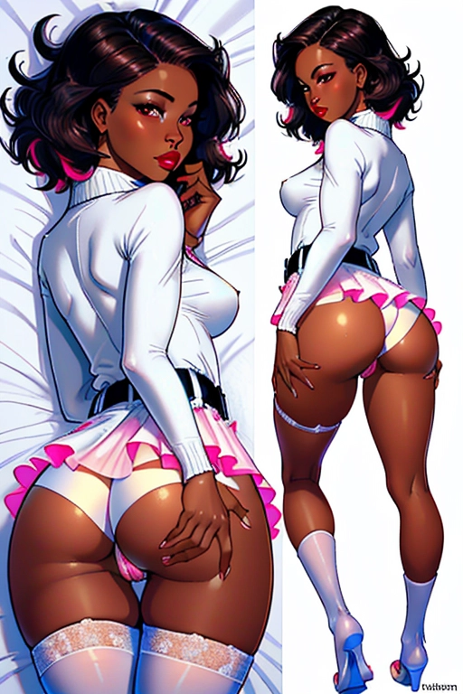 Full body, Very beautiful, nsfw, christian, traditional, conservative, houswife, woman, cute, sexy eyes, seducing me, black female, dark ebony skin, African-American, short straight dark hair, dark eyebrows, brown eyes, cute concave nose, wide nostrils, soft cheeks, full lips, red lipstick, strong narrow chin, wearing pink frilly floral dress, white sweater, white belt, white stockings, flashing me her naked butt, thin figure, cute breasts, thin body, round butt, aroused pussy, submitting, flashing her butt and pussy at me, spreading her ass, pussy aroused, sexy brown anus, on the bed, prepping for vaginal penitration, my bedroom, ((high definition)), ((4k quality)), (excellent lighting), (great shading), pristine detail, (very clear picture), ((beautiful vibrant colors)), (accurate at lower prompt guidence), ultra realistic, (((five fingers per hand))), (((two arms))), (((two legs))),