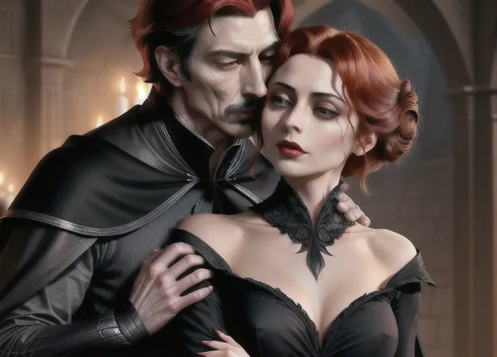 an older distinguished short black-haired masculine Dracula with very high collared cape, embracing Sweet innocent beautiful elegant auburn haired in a low bun Queen Anna of Arendelle in green portrayed by Willa Holland deeply hypnotized and enthralled, lips parted in arousal, fingering recent hickey on her neck from behind kissing her neck. PHOTOREALISTIC.
