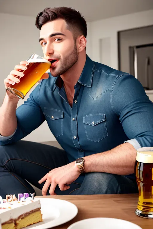 a male engineer eating a birthday cake with a glass of beer in hand