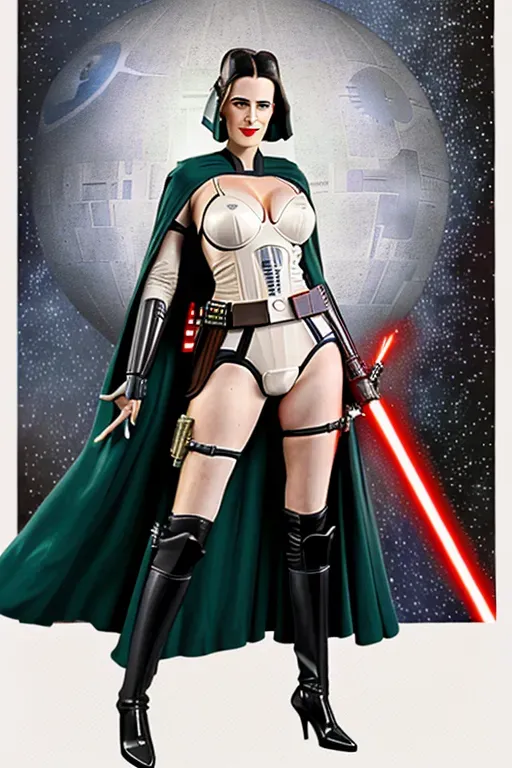A highly realistic illustration of,((Eva Green)), ((wearing star Wars cosplay),((full body portrait)),((fighting pose)),(heavy breasted)