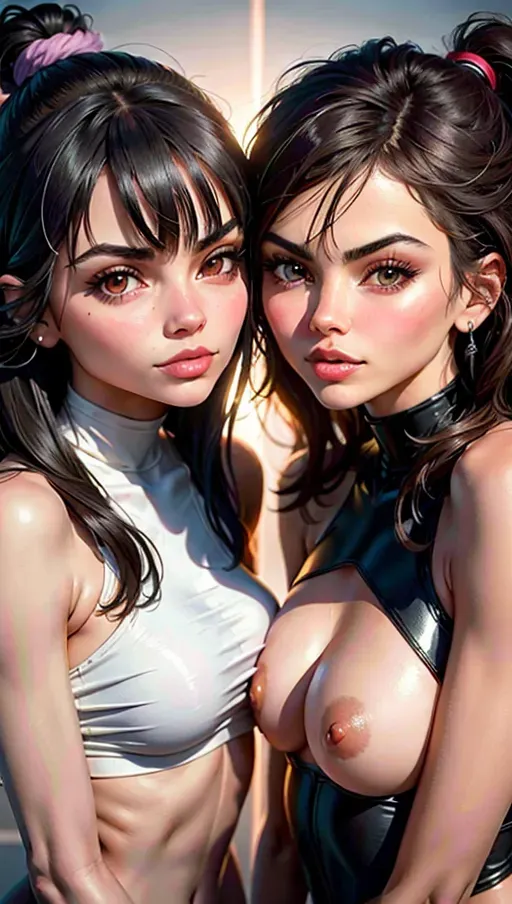2 girls, best quality, (((ultra high res))), (detailed face and eyes), ((Victoria Justice and Kylie Jenner kissing)), ((face closeup)), single, perfect tits, giant tits