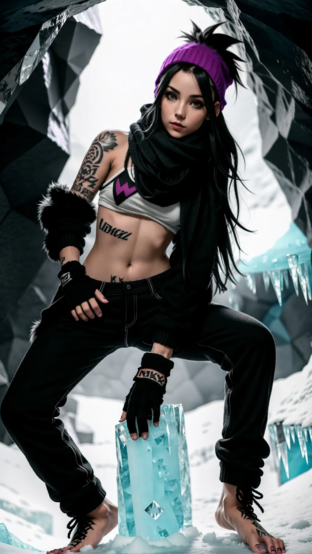 full-body image of a young hot barefoot punk girl with an angular face and long hair wearing casual pants and a long open sweater with a black scarf and gloves and fuzzy leg warmers while crouching in an ice cave with tattoos on her feet, sexy feet,