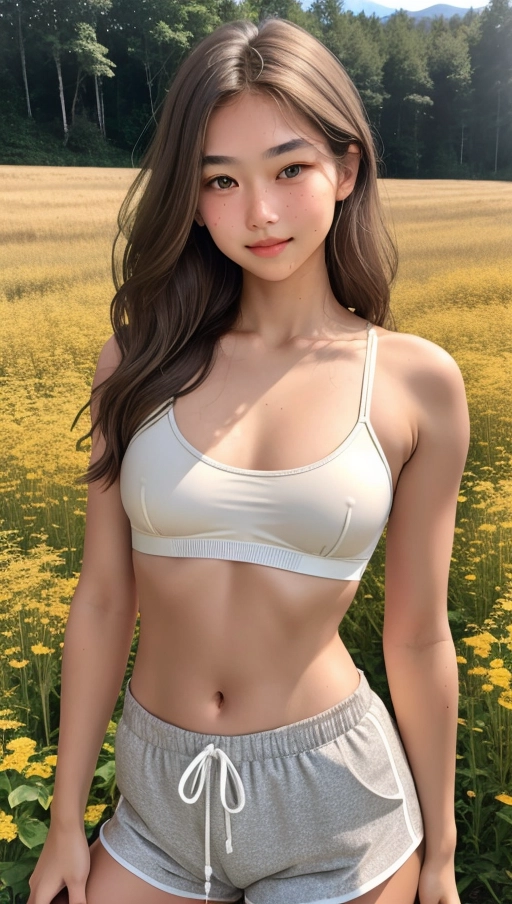 18yo, russian, 140 cm, (((detailed face))), beautiful, (freckles on nose:0.3), straight shoulder length dark light brown hair parted to side, light blonde highlights, wide nose, upturned nose, hazel eyes, narrow eyes, small eyes, thin eyebrows, double eyelids, shallow eye sockets, full lips, puffy cheeks, rosy cheeks, oval face, warm tanned skin tone, (smooth face texture), ((cute)), dimples, (round chin),
small breasts,
slight smile,
outdoors in field, natural light, editorial, standing, three quarters shot,
tight (white) spaghetti strap sports bra, exposed midriff, nipples slightly poking, boat neckline, heather grey athletic drawstring shorts,