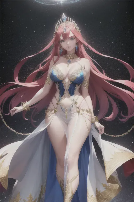 Oval or heart face shape, angular jawline, barely visible freckles on the cheeks, height: 5 feet 3 inches, pale skin, red hair, blue eyes, hair that just goes past her shoulders, rectangle-shaped figure with pronounced hips, good shoulders, and a well-defined waist, Form-fitting gown made from shimmering transparent otherworldly fabric, Intricate patterns and symbols on the dress reflecting dimensions and forces, Ornate choker-style necklace with an enigmatic sigil pendant, Elaborate arm cuffs adorned with arcane markings, Knee-high intricately designed boots blending modern style with surreal elements,Transparent diaphanous gown with iridescent patterns, Celestial belt adorned with stardust-like gemstones, Shimmering bracelets, Intricate tiara adorned with luminescent gemstones,