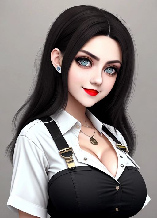 Cute Italian girl, simple grunge makeup, pale colored eyes, big wide eyes, smile, black hair, big lips, high riding huge boobs, gigantic tits, police detective, button-down shirt, photorealistic, best quality, ultra high resolution