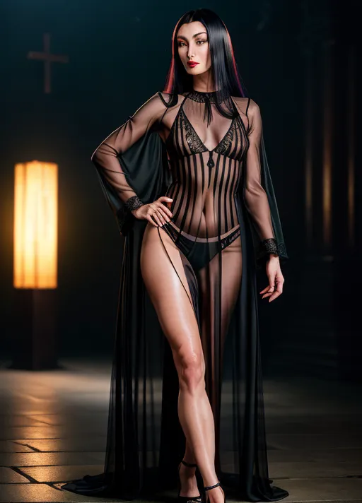 A (fullbody shot) (wide-angle shot) of a standing (Anjelica Huston circa 1990) as Morticia Addams, wearing a sheer black (see-through:1.3) floor-length pencil-dress, nipples and pubic hair visible,
wearing no panties, wearing black stiletto heels, pale skin, blood red lipstick, black nail polish, raven_black hair, a single red rose between her teeth, (in a misty cemetary at night), with light from a full moon, neo-noir style, cgstation,
(<lora:dpmg_add_detail:0.8>), (four anatomically-correct pretty fingers and one proportional opposable thumb per visible hand:1.3), symmetric detailed glossy eyes, beautiful lips, curved eyebrows, detailed face, detailed textured skin, realistic detailed hair, pretty teeth, skin pores, sweating lightly, realistic pretty feet, (realistic symmetric eyes), realistic teeth, realistic mouth, pubic hair, realistic skin color, realistic skin tone,realistic hair color, realistic hair tone, five realistic pretty toes,
(8k RAW photo), (best quality), (masterpiece:1.3), (photo-realistic), studio lighting, rim lighting, hair highlighted, UHD, Nikon Z5, (35-80mm zoom lens), (zoom out), f2.8, sharp focus, tack sharp, dof, film grain, Fujifilm XT3, (bokeh), dramatic lighting, rim lighting, subsurface scattering, volumetric lighting, focused, intricate detailed background, dramatic pose, dramatic pov, dramatic angle, dramatic lighting, cinematic composition, (cinematic lighting), HDR, (highest quality:1.8), highest resolution, (photo-realistic:1.72),
--s 250, --v 5.2, --A k_dpm_2,