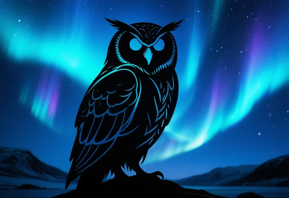A Mystical Aurora Silhouette of a wise owl, with dark, intricate outlines against a backdrop of vibrant aurora lights. Use a color palette of midnight blue and silver to create a mesmerizing and ethereal atmosphere