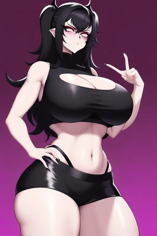 huge breasts, big hips, crop top, disdain, emo girl, goth girl, middle finger, mocking