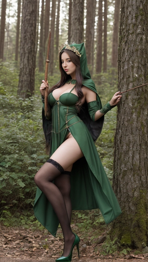 score_9, score_8_up, score_7_up, score_6_up, 1girl, solo, sexy beautiful wood elf princess, in a summer forest, her confidence and symbiosis with the forest and the animals is evident, she wears a green cloak and has a staff with a glowing emerald on the top end, ((her entire body is in the frame of the picture)), elegant golden ankle strap high heels, forest green thigh high stockings,