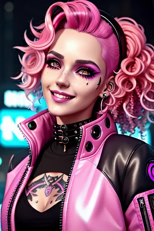 a digital painting of,a cyberpunk girl,wearing pretty clothes,coy smile,five slender fingers,gorgeous face,beautiful lips,detailed large eyes,eyeshadow,curved eyebrows,curved eyelid,clear eyes,textured skin,pink hair,curly hair,face,tattoo,smiling,with punk jacket,8k,bokeh,cgsociety,artstation,pixiv