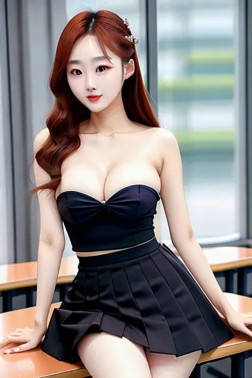dpmg_asian_aesthetic_v1, best quality, korean, curvy, legs spread, ultra-hd, 8k resolution, mini skirt, classroom, topless, hair between eyes