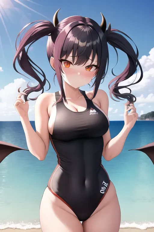 wide shot, 20 year old, an devil, insanely beautiful, gym outfit, black, beach, daytime, natural light, surprised, 8k, professional,pig tails flat cheast brest naked