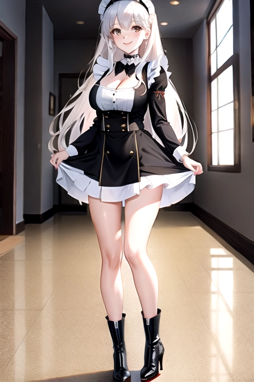 8k quality, brown eyes, pale white skin, white hair, giant breasts, cleavage, looking at viewer, pov, long hair, wavy hair, full body photo, standing in room, smiling, black maid uniform, miniskirt, high heels, black knee high boots, black choker