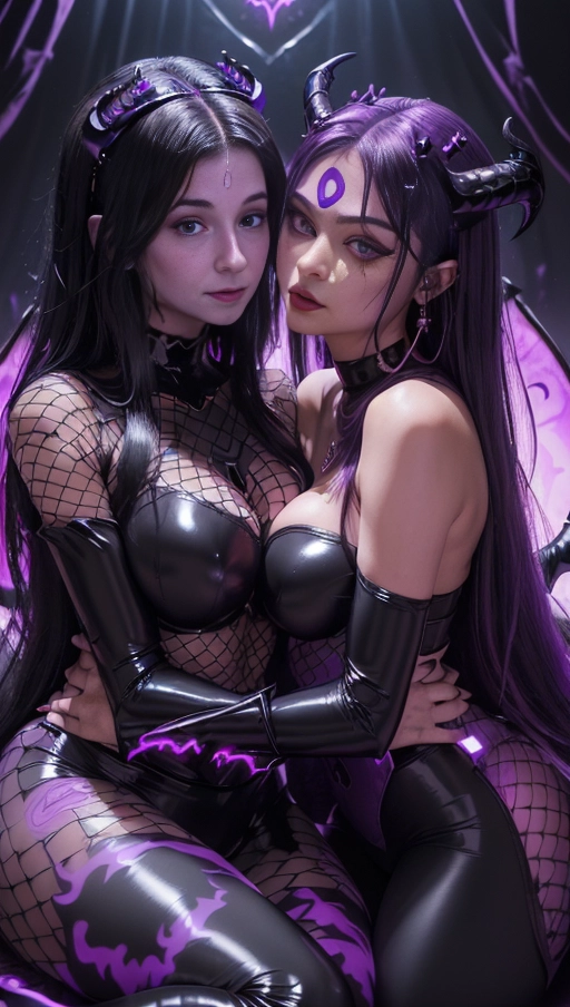 best quality, (((ultra high res))), (((detailed face and eyes))), (perfect face), (big shining heart choker), earrings, jewelry, (((big glowing succubus mark))), ((((big glowing succubus bodymark)))), (conjuring), 2 witches, ((very long voluminous hair)), ((((black hair)))), (((symbiote goo hair))), (((golden bracelet))), (((black skintight neckholder))), lipstick, (((((black demon tails))))), ((black long sleeves)), ((purple glowing hearts)), (((demon mark))), (((((bright purple glowing skin tone))))), (((straight hair))), ((purple glowing clothes)), ((purple luminescent)), ((((purple luminescent skin tone)))), (((purple skin))), ((((purple goo everywhere)))), (((2 symbiote girls))), ((((vampire suit)))), ((goo tail)), (((2 succubi))), ((((very very long hair)))), ((glowing eyes)), ((((big dark diamond crown)))), (((((big diadem))))), ((((huge cameltoes)))), ((heart on womb)), ((((black demon tails)))), (((black leggings))), ((((fishnet)))), ((latex)), (((((2 girls cuddling))))), (((((two girls cuddling))))), ((pushup)), (((right girl is Kylie Jenner))), ((bed)), (((face closeup))), (((left girl has black hair)))