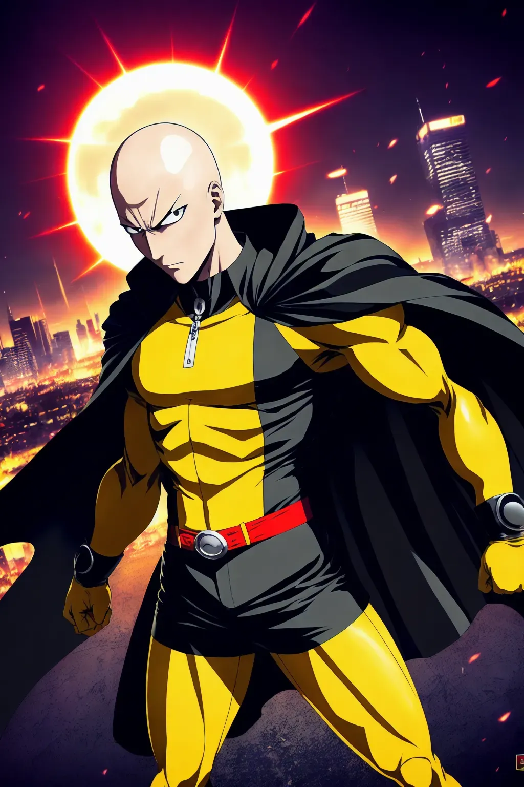 Dopamine Girl - One punch man, anime, bald head, 8k wallpaper, black eyes,  best quality, ultra hd, global lighting, hi-resolution, high quality,  yellow costume, white cape, red gloves, red boots, punching towards