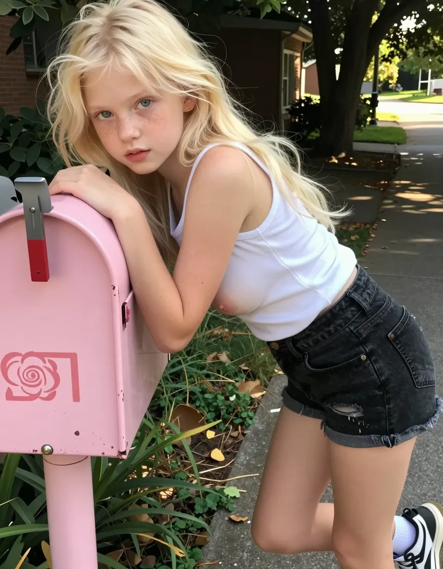 a 10-year-old girl with long platinum blonde hair in tousled waves, icy blue eyes, and pale freckled skin, an unusual mix of babyface innocence and mature stare; instead of starting puberty, her hips and legs remain gangly while her chest is oversized and saggy for her age, small budding nipples visible through thin white tank top, tiny ass clad in high-waisted black denim shorts with a rip on the right leg, long bare legs and chunky sneakers; hunching over a chipped pink-desert rose-painted mailbox, a secretive half-turned profile exposing the prominent bust, camera low-angle shot from behind looking up at her, warm afternoon light, amateurish selfie taken on summer vacation, candid shot that appears as if she didn't notice being snapped but her pose unintentionally sensual.