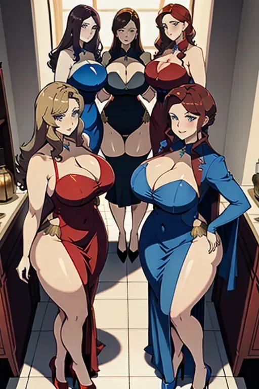 SuperThicc Redhead is wearing a blue dress
SuperThiccBlonde is wearing a red dress
Superthicc Brunette is wearing a white dress
They all have huge tits and big butts