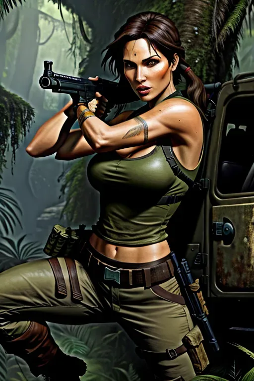 lara croft, jumping from a jeep, lara cloting, jungle background, holding guns