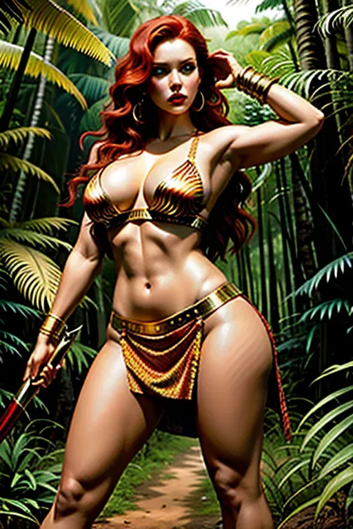 Highly realistic, Christina Hendrix as a warrior woman in animal cloths. Holding dagger ready to attack, face shouting, voluptuous body, sweat glistening, jungle setting, loose red hair, perfect makup and lipstick. perfect Christina Hendrix likeness, high quality, glossy, film quality, professional lighting, standing, legs apart, muscular
