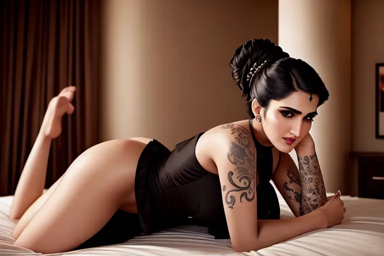 a photograph of,vaani kapoor,wearing priest clothes,all-fours,in a hotel room,five slender fingers,updo hair,beautiful face,beautiful lips,curved eyebrows,curved eyelid,pale skin,joyful,tattoo,surreal,highly detailed,unreal engine,studio lighting,artstation