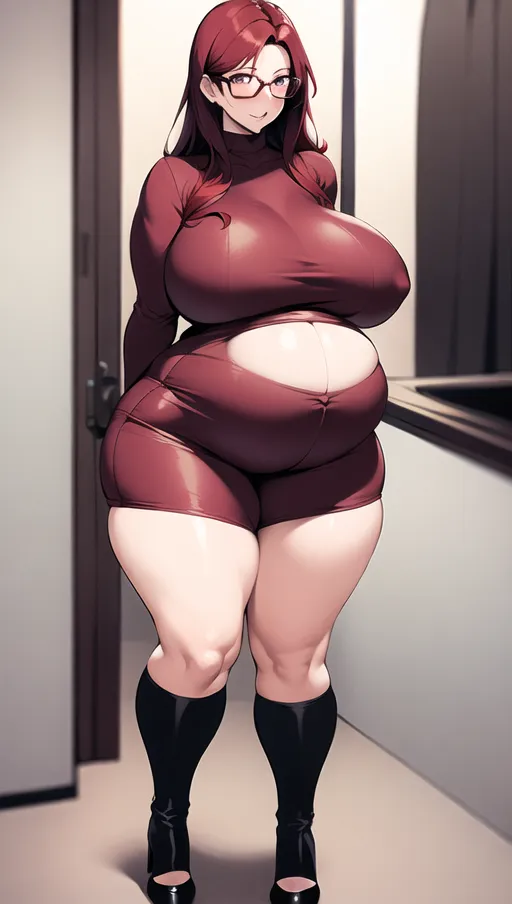 Dark red hair, sexy glasses,Sexy women ,big boobs,pregnant gigantic belly,fat belly, nude fat boobs,weight gain, weight gain big belly, gigantic fat belly,fat belly ,huge pumped up belly, nylon Socks, black high heels boots, nude boobs, <lora:dpmg_pov_Big_fat_belly:1> , vore ,vore belly, prey i a vore belly, women vore, women vore belly, big big vore belly,(belly digestion sounds effects)