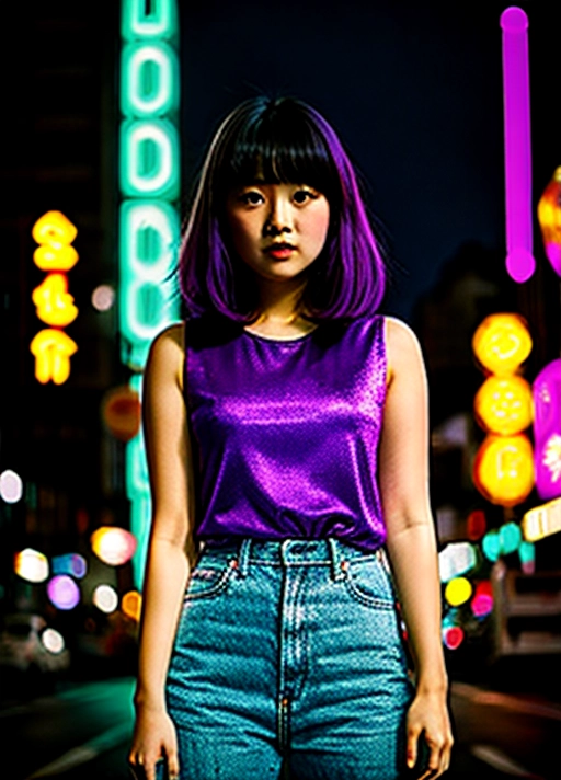 a girl in a purple top in a neon city, in the style of chinapunk, iconic album covers, soft-focus portraits, luke fildes, light amber and silver, exotic, captivating lighting