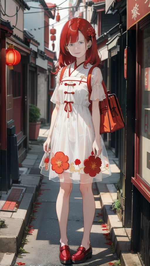 Messy redhead girl stands in a red flower surrounded street, in the style of chinese cultural themes, romantic and nostalgic themes, panasonic lumix s pro 50mm f1. 4, light white and light amber, transparent translucent medium, elegant , embroidery --ar 1:2 --stylize 750 --niji 6