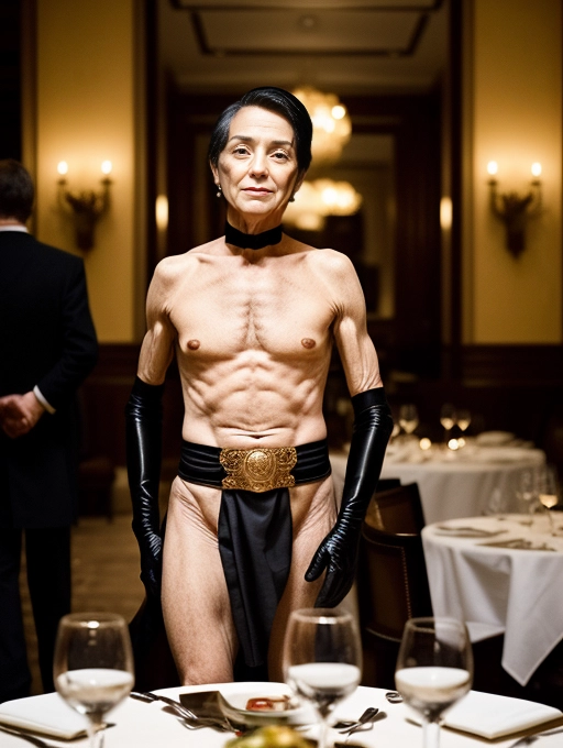 From behind an elegant mature lady is naked as she wears her formal gloves and loincloth out to dinner in a crowded fancy restaurant