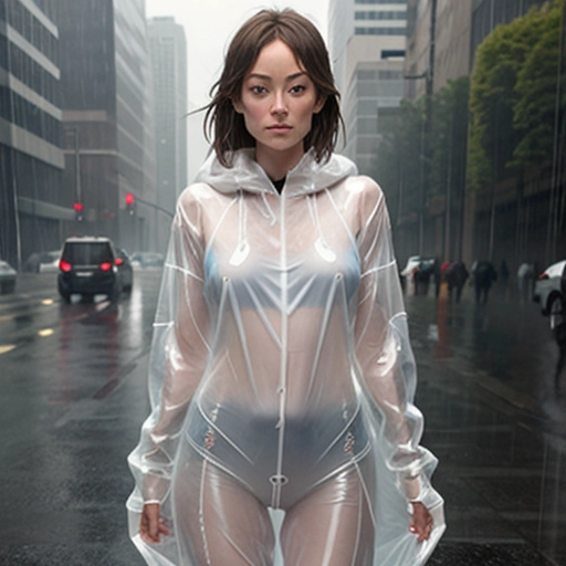 A girl, looks like olivia wilde, anthropomorphic, in the rain, wet clothes, transparent clothes, transparent, frowning, wet, can see genitalia through clothes, can see breasts through clothes, embarrassed, accidental, ultra quality