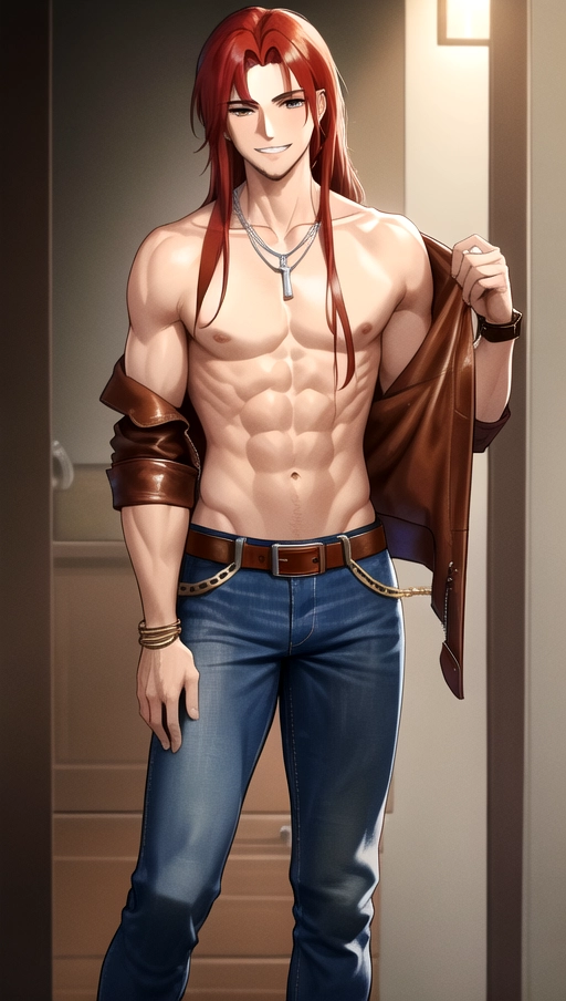 A shirtless man around his twenties with a medium-long red hair cut to his shoulders and golden-brown eyes smiling while wearing a cowboy brown leather jacket and using blue cowboy jeans and brown cowboy boots, silver necklace made with small chains, leather wristbands