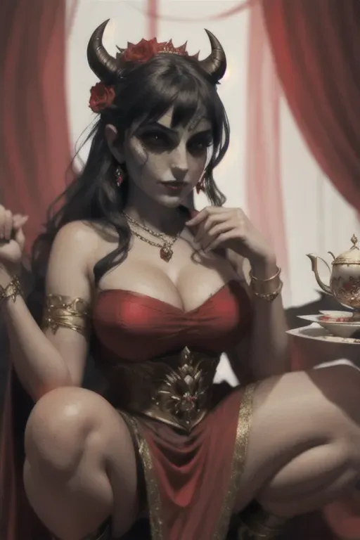 a concept art of,an devil,wearing empress dress,squatting,in a tea party,big breasts,five fingers per hand,wavy curtain bang,charming face,beautiful lips,black eyes,curved eyebrows,smooth skin,cosy,wearing necklace,ultra realistic,unreal engine,sharp focus,professional,cgsociety