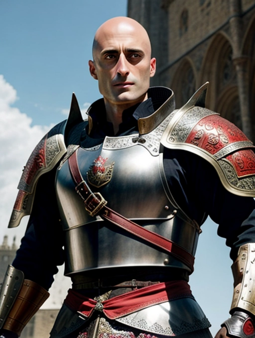 intricate highly detailed photorealistic realistic ultra realistic sharp focus with mark strong dressed in medieval lion armor with red accents