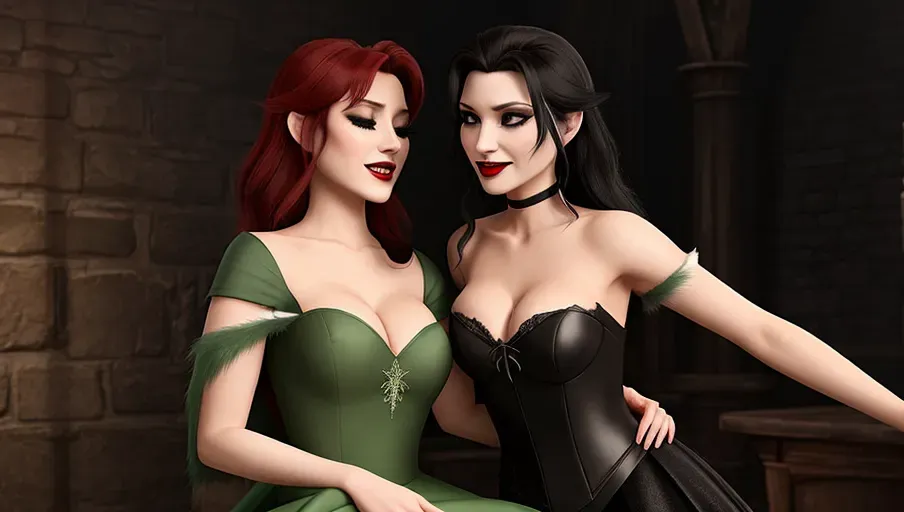 two figures in a dark and foggy goth club. An evil sexy sensual slightly taller dominant female black straight haired vampire with a wide toothy predatory smile, taking her human victim in her arms caressing sexually arching over as she bites the neck of her victim
fearful and seeking to escape, Innocent, good girl with light reddish-auburn gentle wavy hair, light make-up, good girl mid-twenties Anna of Arendelle, entranced lips agape in horror, eyes half closed in a modest elegant soft green Nordic ballgown.
photorealistic. High resolution