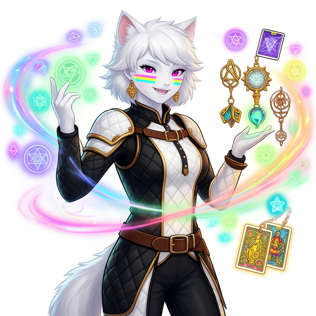Kuri, female furry Persian catfolk, pure white fluffy fur, short white hair, magenta eyes, pansexual flag makeup (pink, yellow, cyan stripes beneath both eyes), confident mischievous smile, black and white quilted gambeson armor with gold accents, gold earrings, charismatic circus performer turned thaumaturge, occult talismans, illusion magic, elegant theatrical pose, fantasy anime, highly detailed, masterpiece, vibrant colors, clean lineart, dynamic lighting.
She wears fitted black-and-white quilted gambeson armor with subtle leather straps and polished metal accents, designed for an adventurer while still retaining theatrical elegance. The armor is practical but stylish, inspired by medieval arming jackets rather than heavy plate. Gold earrings and small decorative accessories hint at her circus past.
Her stance is graceful and theatrical, as if every movement is part of a performance. She carries esoteric charms, talismans, magical curiosities, and relics befitting a Pathfinder 2e Thaumaturge instead of oversized weapons. Her magic manifests as colorful illusion effects, shimmering ribbons of arcane energy, glowing tarot-like sigils, and mystical symbols.
High-quality fantasy character illustration, expressive face, dynamic lighting, highly detailed fur, clean linework, painterly rendering, white background or fantasy environment, vibrant colors, professional RPG concept art.