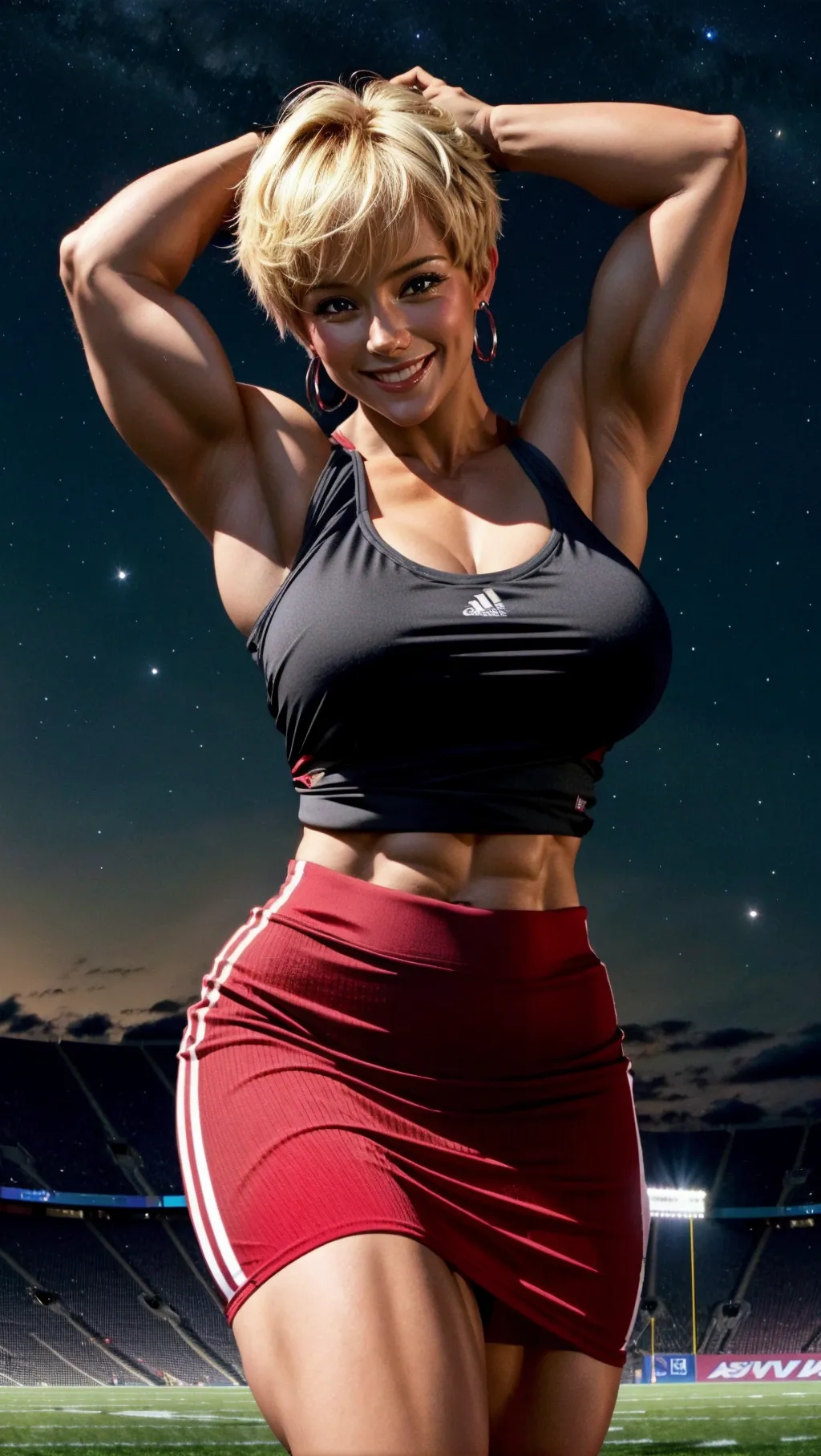 An 8k resolution photograph of a gorgeous blonde woman. She has a big smile, and is looking at the viewer. She has enormous breasts, and she is wearing a tight tank top. She is wearing a very small skirt. Red and black two-tone colored clothing. Her arms are above her head, her hands are behind her head. She has a pixie haircut. She is extremely curvy. She is extremely muscular. She is standing on a football field. It is night time. The sky is very starry, and a full moon is in the background. <lora:dpmg_muscle_girl:1> <lora:dpmg_add_detail:1>