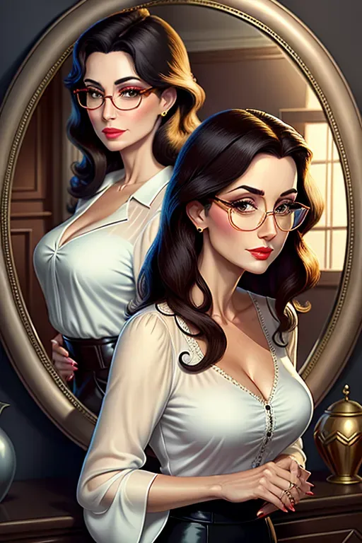 Disney style art, mature woman, loose dark hair, half rim eyeglasses, sly look to viewer, pursed lips, open blouse, reflected in mirror