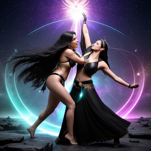 2 girls in "Dynamic poses of only 2 sexy longhaired angry love goddesses:1) with hairy vaginas (Fight by invading each other's auras:1)
(Dynamic poses of two sexy longhaired goddesses face to face in duel screaming at each other:1.3)"
(Erotic model Terri) and (erotic model Rachel)
"A monumental aura battle between Hindu Tara and Sumerian Ereshkigal.
The confrontation takes place at the edge of existence where the luminous heavens meet the endless abyss. Vast lotus-shaped galaxies bloom across one half of the sky, while the other is consumed by shadowy kingdoms stretching into eternity. No weapon is raised and no blow is struck—this is a war of divine presence alone.
Tara appears as a radiant manifestation of emerald, sapphire, and silver light. Countless celestial lotuses unfold around her, each petal containing entire worlds. Her aura spreads outward in harmonious waves, transforming darkness into fields of stars and filling the cosmos with transcendent calm.
Across from her stands Ereshkigal, enthroned upon a vast crown of obsidian mountains. Her aura rises like an infinite tide of midnight, threaded with ghostly violet fire and the pale glow of forgotten souls. Entire constellations vanish behind her shadow as the weight of mortality and inevitability radiates from her presence.
Between them, reality becomes the battlefield. Tara's expanding ocean of compassionate light collides with Ereshkigal's inexorable darkness. The impact generates colossal rings of energy that sweep across the heavens, creating spectacular vistas of blooming stars and dissolving voids. Celestial rivers reverse their course, dimensions fold upon themselves, and ancient cosmic spirits gather to witness the clash.
Neither goddess advances. Neither retreats. They stand motionless amid the storm, their expressions calm yet resolute, while the universe struggles to contain the collision of mercy and inevitability.
Epic mythological fantasy, cosmic aura warfare, divine energy duel, celestial and underworld symbolism, painterly realism, ultra-detailed atmosphere, immense scale, dramatic lighting, heavenly war between immortal powers, cinematic masterpiece, no nudity, no eroticism, 8k fantasy concept art.
"