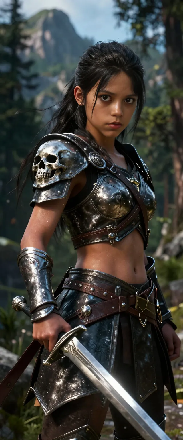 This is a highly detailed realistic Picture featuring a fierce, dark-haired youngest childish 14 years old Girl with olive skin, standing in a mountainous, forested landscape. She wears dark, metallic armor with a prominent skull Relief on her right shoulder and a strappy, leather-like top that exposes her midriff.little small perfect perky breasts flat chest,Her left hand grips a long, silver sword with a slender blade, held diagonally in front of her. Her expression is intense and determined. The background includes blurred, green-topped mountains and dense trees. The image has a realistic, cinematic style with high contrast and detailed textures, especially in the armor and sword.