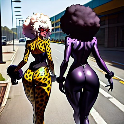 Sexy black villainess with afro and big ass wearing a leapord print catsuit and feather boa walking down parking lot.
front and rear view.