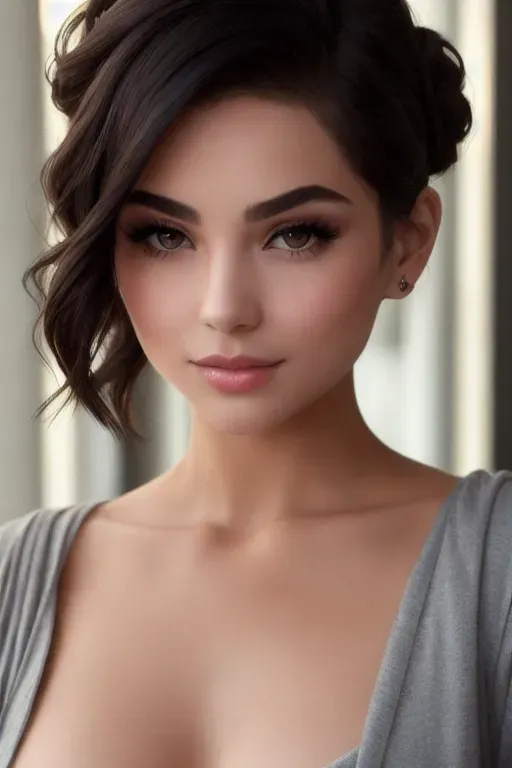 Create a real-life photo of a teenage girl that showcases her exquisite and ethereal beauty, The photo should showcase full-body shot of her with slutty appearance wearing a sexy outfit, The use of Lens Glow should add depth to the image with the the balanced and symmetrical focus on her hips, her hauntingly beautiful Flawless skin tone should Perfectly lit with natural light, Expertly styled dark hair and makeup, Captivating and confident pose, Her hyper-detailed face should have striking and captivating features including high detailed eyes, beautiful lips, curved eyebrows, curved eyelids, slender nose, and soulful gaze with mesmerizing brown eyes, and her captivating gaze should be looking down at the viewer while Her enigmatic smile should showcase perfectly sculpted full lips, Her dark short hair should be styled in an updo that showcases her beautiful nape, with a perfectly sculpted lips and chiseled features that complement her cute and poppy demeanor with Intricate details and Perfectly proportioned natural make-up, market style