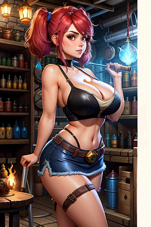 Cute short female gnome, gnome from World of Warcraft, huge breasts, pigtails, thin short black dress, cleavage, fit and slim body, thin waist, in a fantasy mechanics shop, torchlight, standing, looking at wiever