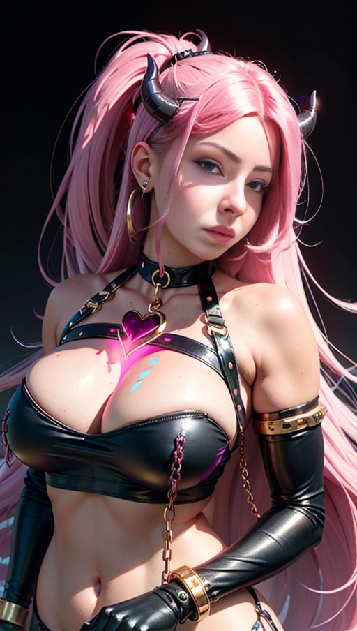 best quality, (((ultra high res))), (((detailed face and eyes))), (perfect face), big shining heart choker, earrings, jewelry, (((big glowing succubus mark))), ((((big glowing succubus bodymark)))), (((conjuring))), (witch), ((long voluminous hair)), (((black gloves))), ((pink hair)), straight hair, (((golden bracelet))), ((single ponytail)), (((huge hair cuff))), ((skintight crop top)), ((face closeup)), purple, (burgundy red lipstick), (((neckholder top))), (((chained)))
