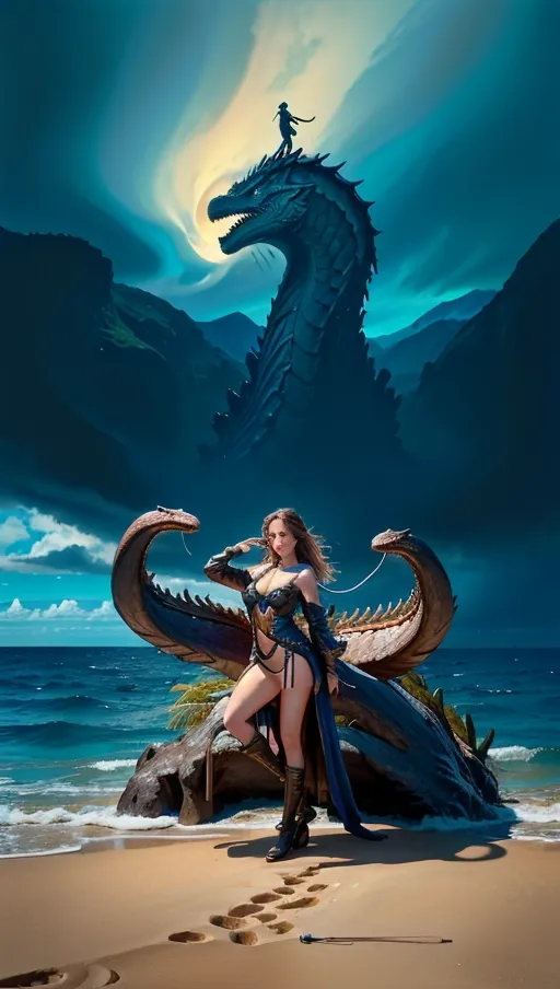 an atmospheric painting from a beach looking out into the ocean, (a gigantic hydra has emerged from the ocean), massive wings, roaring in defiance, monsoon rains, hopeless, imminent destruction, lone human female with sword stand before it, the hydra looks directly at her