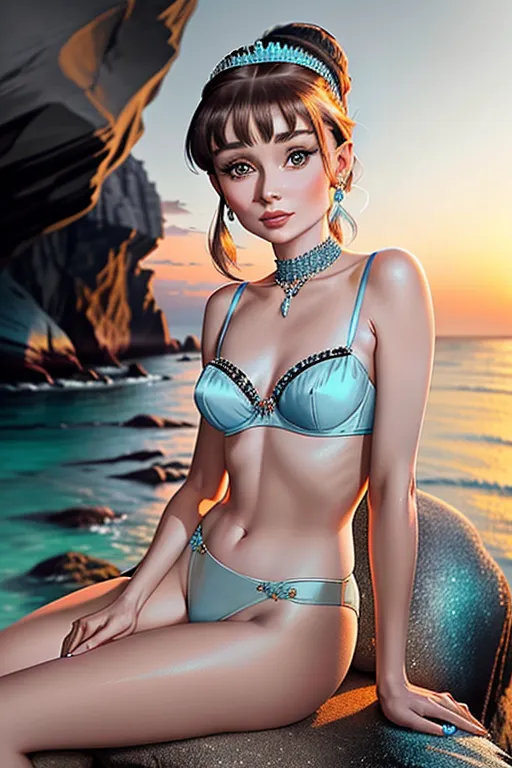 a colour painting of, a young Audrey Hepburn, ((accurate face)), wearing skimpy (((pale blue))) jewelled lingerie, sitting on a rock by the sea, rocky coastline, at sunset