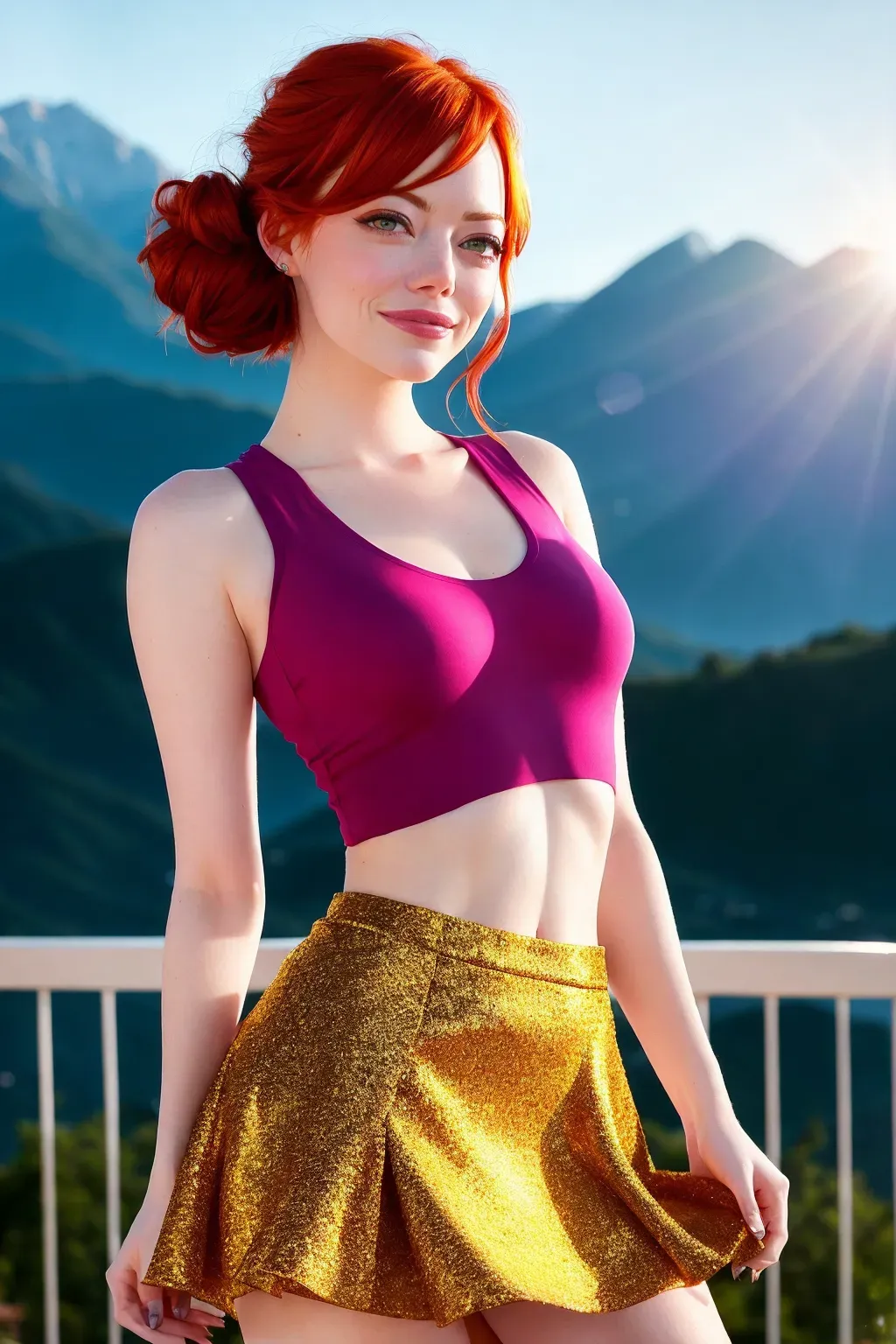 8k, digital upskirt photo of, Emma Stone, red hair, updo hair style, beautiful face, body towards camera, happy, soft features, sexy pose, transparent tank top with visible nipples underneath, miniskirt hiked up, looking to side of camera, beautiful, pixiv, bokeh, lens flare, perfect lighting, depth of field, absurd res, bright, contrast, photoshoot, mountains in background, sunset