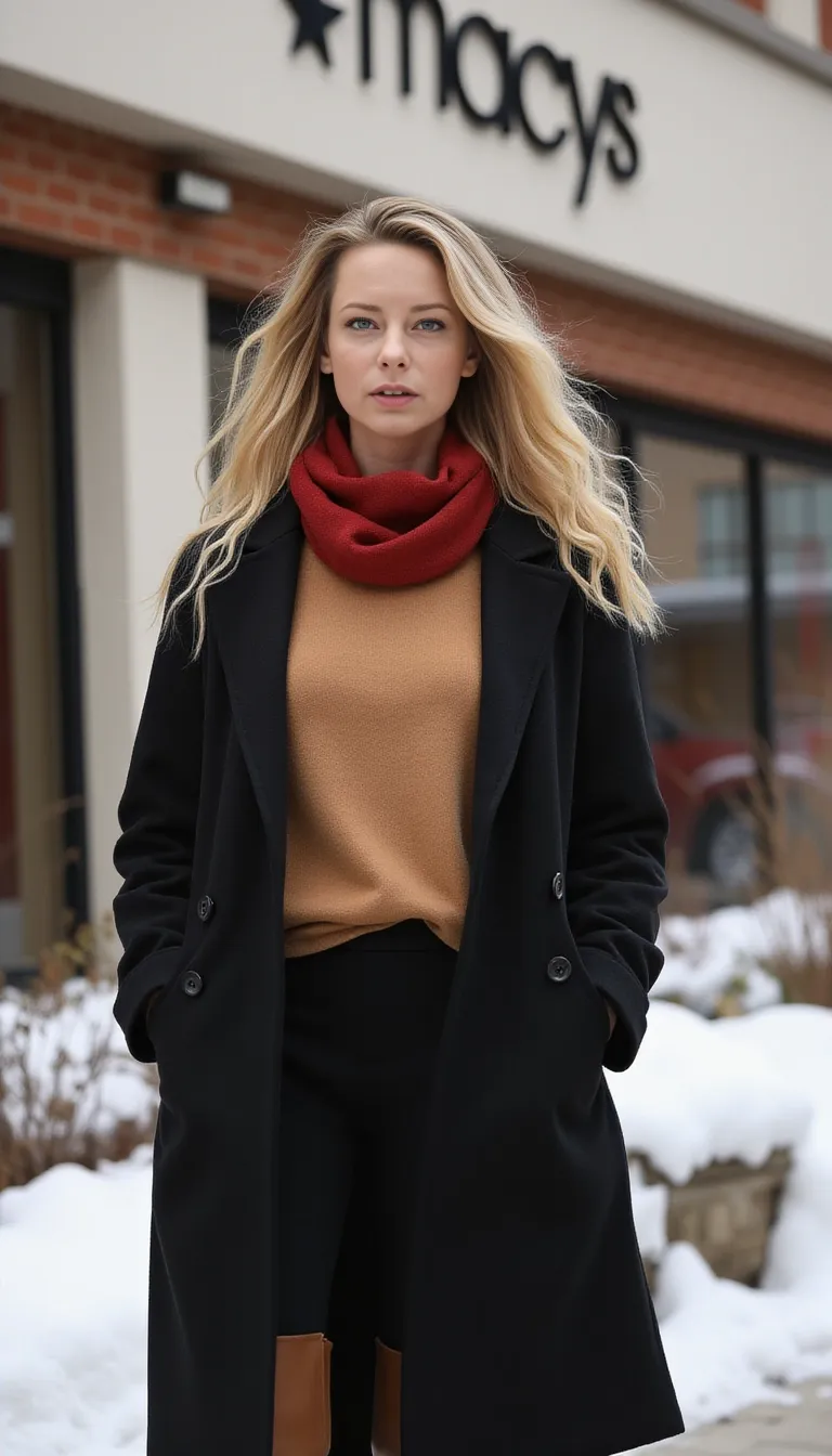 48 year old, long wavy messy hair, realistic woman, realism, hyper-realistic,
wavy blonde hair, hair styled with a blow dryer, feminine figure with hips,
medium droopy tits, cleavage, wearing a tan cashmere cowl neck sweater and black leggings, Long black wool overcoat, red scarf around neck, long legs, full body view, feminine legs, tan high heel ankle boots, posing for a casual photo outside of the Macys entrance to the Valley River shopping Mall in Eugene Oregon, light snow on the ground, cloudy day,
