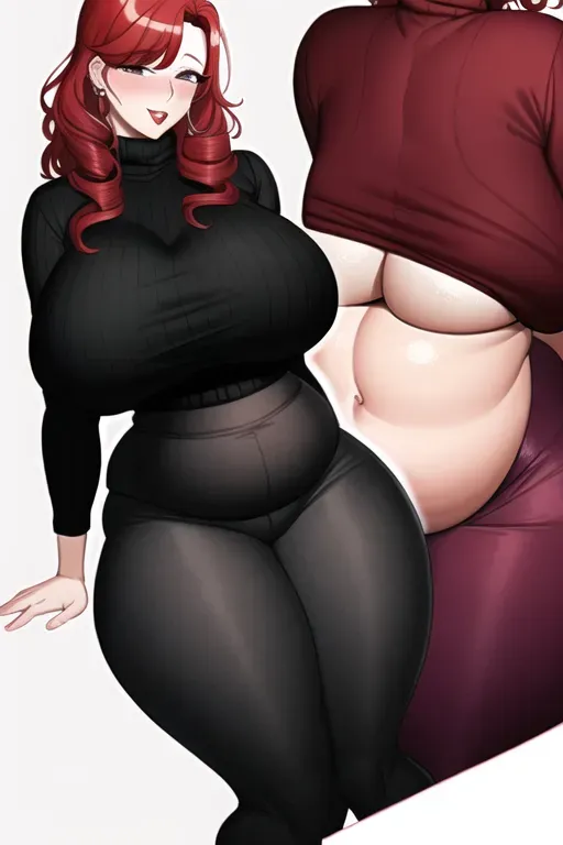 An extremely fat redheaded milf with curly hair wearing a turtleneck sweater and yoga pants, with plump red lips and a belly that sags to her knees, extremely thick thighs, huge sagging breasts, and a massive flabby potbelly