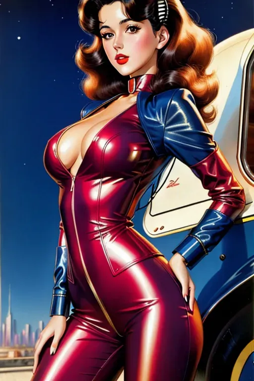 illustration , Art by milo manara, glamour shot of a retro futuristic, hot, young woman wearing cute clothes, posing seductively, 16k UHD, hyperrealistic
